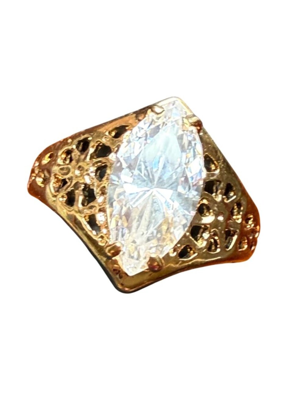 Lind Marquise-Cut Crystal Ring 14K Gold Electroplated Filigree Design Size 7.25